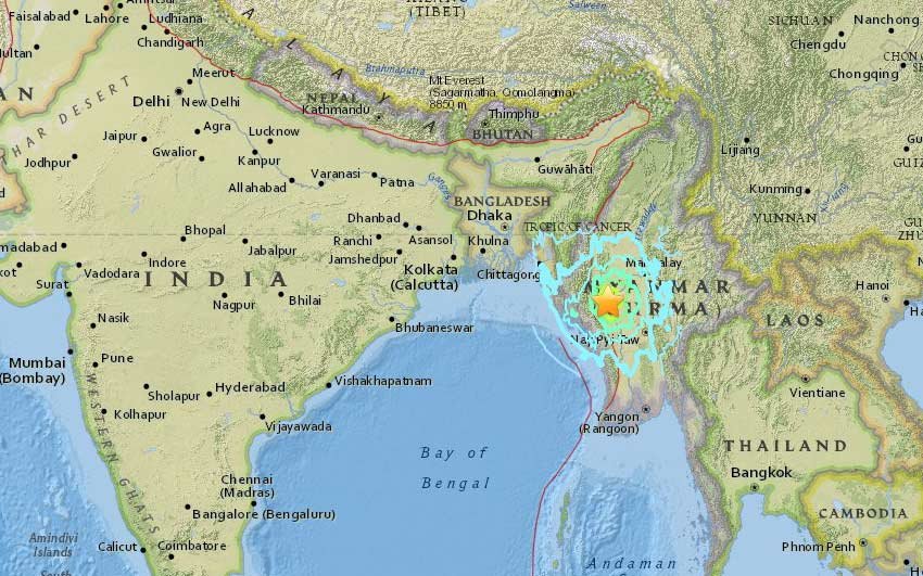 Myanmar earthquake recorded as 6.8 magnitude in Wednesday Evening