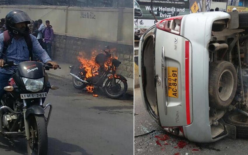 Cauvery Issue Tamil Nadu registered vehicles burnt in Bengaluru