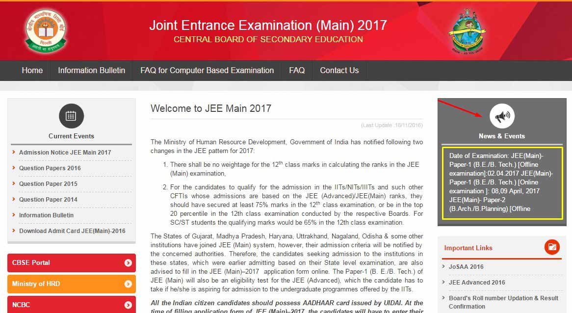 JEE Main 2017 The Exam Dates and Important Notifications Released