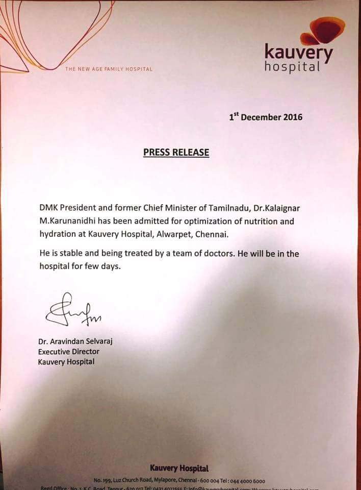 Tamil Nadu DMK Chief Karunanidhi admitted to the Kauvery Hospital 