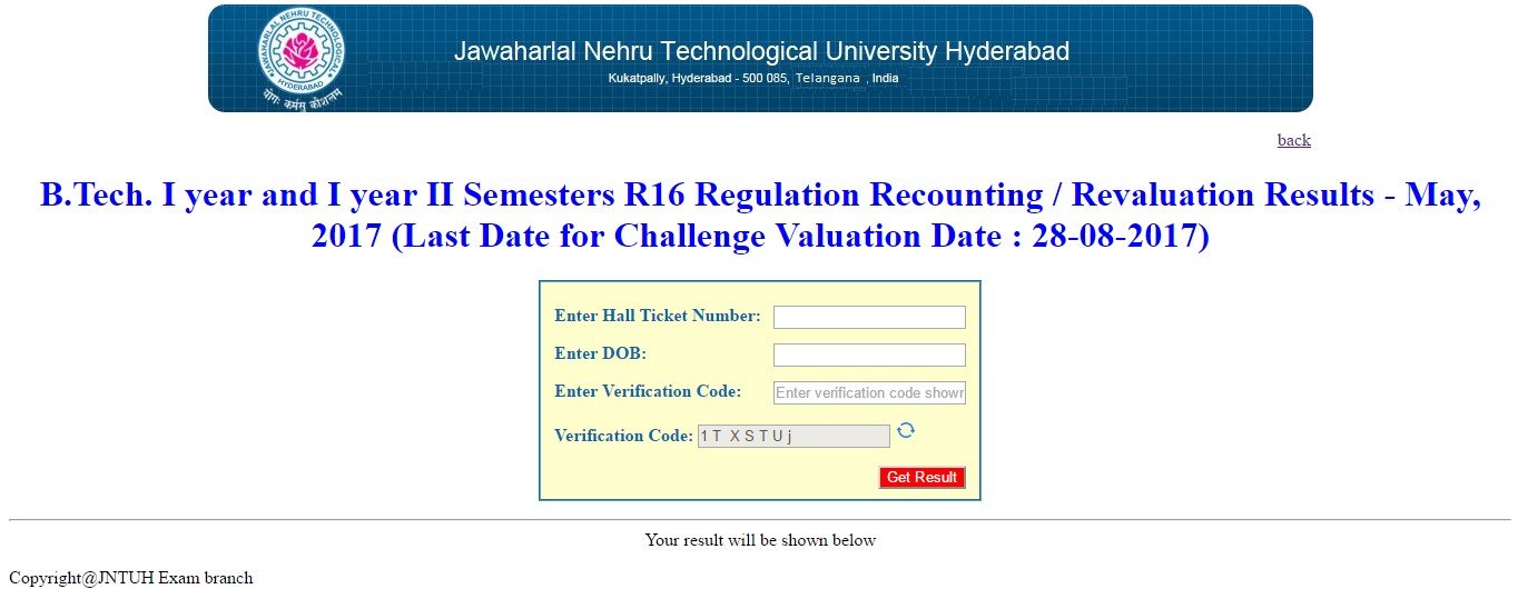 JNTUH Revaluation Results 2017 decalred for B.Tech & B.Pharmacy
