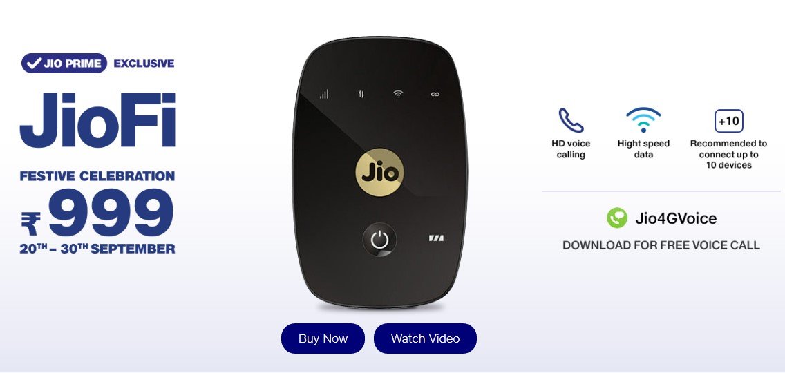 JioFi M2S 4G Hotspot data card at Rs 999