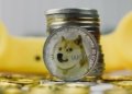 Dogecoin logo and cryptocurrency market chart