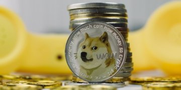 Dogecoin logo and cryptocurrency market chart