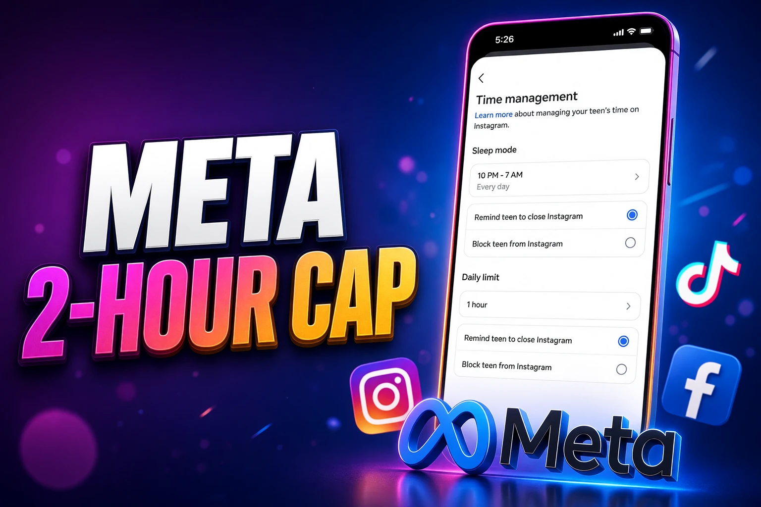Meta two hour teen Instagram Facebook daily cap
