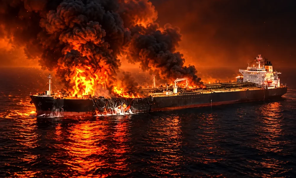 IRGC Hormuz supertanker mine fire unauthorized route